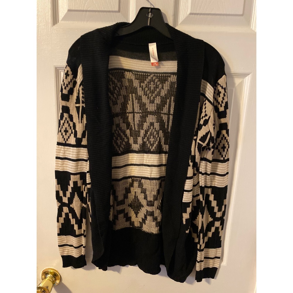 No Boundaries Aztec Tribal Geometric Open Front Cardigan Sweater Black Tan Large
